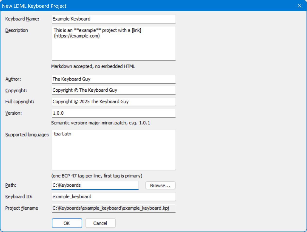 Keyboard Editor - New file, Details tab