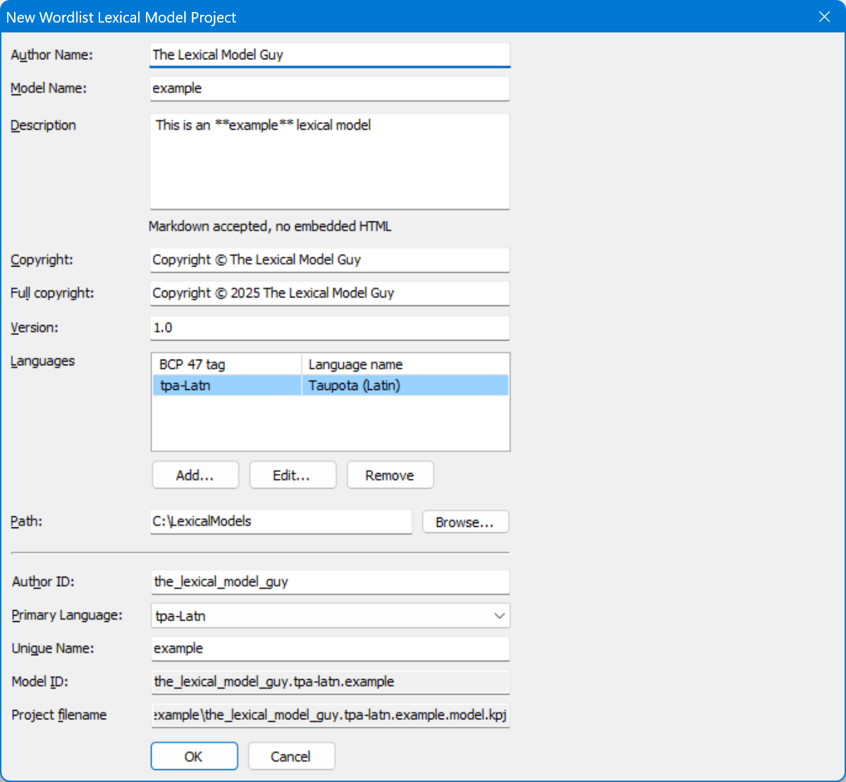 New Lexical Model Project Parameters dialog