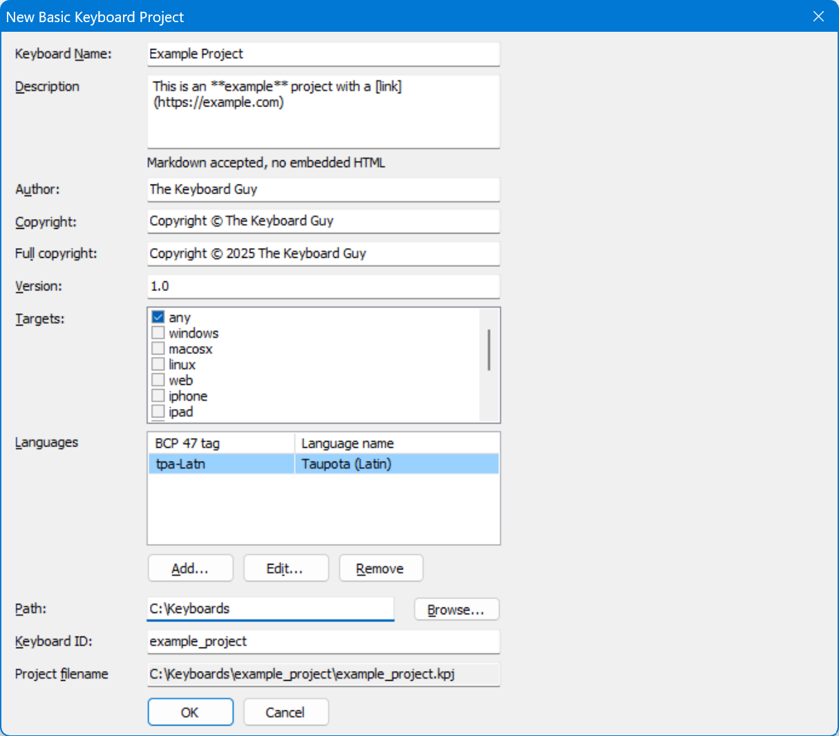 New Project Parameters dialog